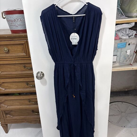 Boho Navy Blue Floral Print Maxi Crossover Neck Dress Rayon Smocked Waist Medium - Picture 1 of 10